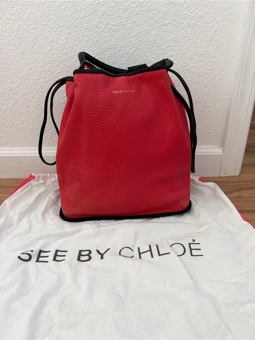 See By Chloé Red Leather Drawstring Bucket Bag with Black Trim
